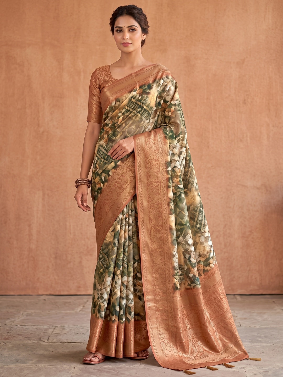 Peachmode Copper Geometric Printed Woven Art Silk Saree - Image 4