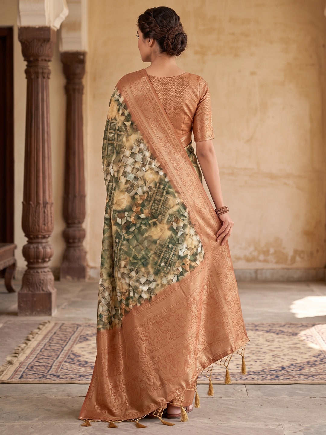 Peachmode Copper Geometric Printed Woven Art Silk Saree - Image 5