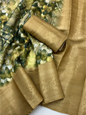 Peachmode Gold Geometric Printed Woven Art Silk Saree - Image 2