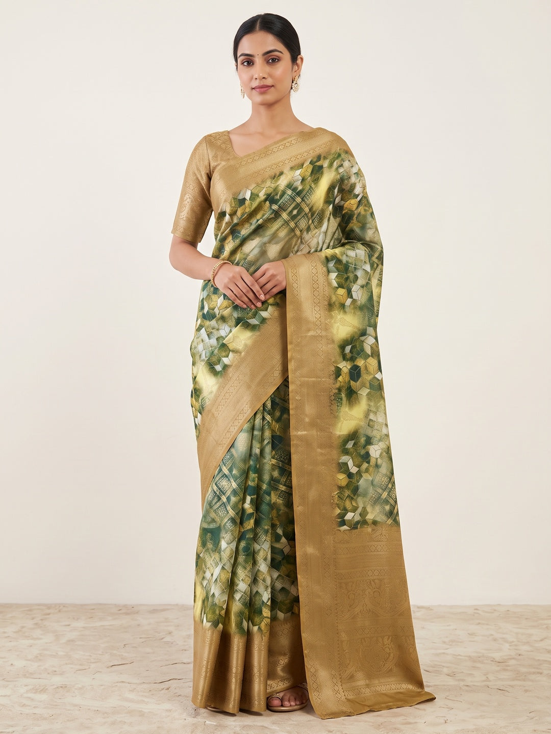 Peachmode Gold Geometric Printed Woven Art Silk Saree - Image 1