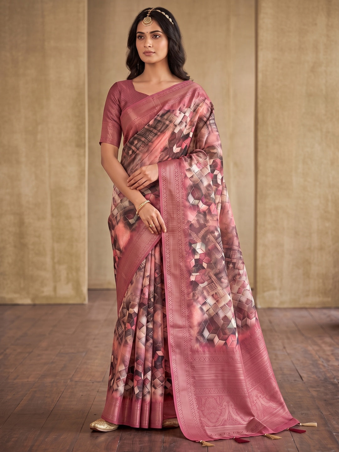 Peachmode Rose Geometric Printed Woven Art Silk Saree - Image 4