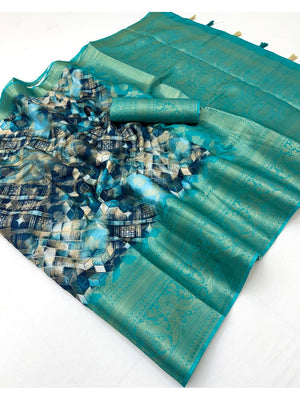 Peachmode Teal Geometric Printed Woven Art Silk Saree - Image 2