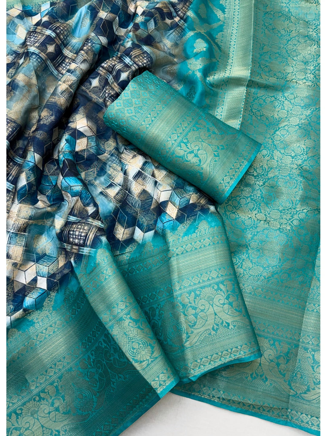 Peachmode Teal Geometric Printed Woven Art Silk Saree - Image 3