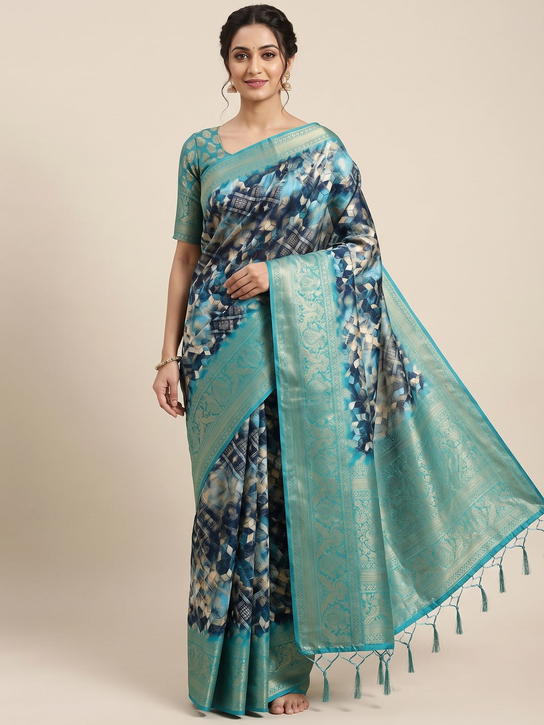 Peachmode Teal Geometric Printed Woven Art Silk Saree - Image 1