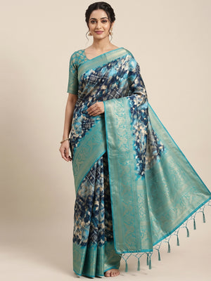 Peachmode Teal Geometric Printed Woven Art Silk Saree - Image 1