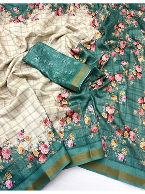 Peachmode Teal Floral Printed Cotton Silk Saree - Image 2