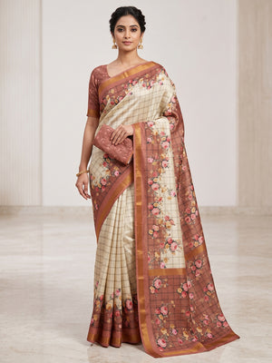 Peachmode Rust Floral Printed Cotton Silk Saree - Image 1