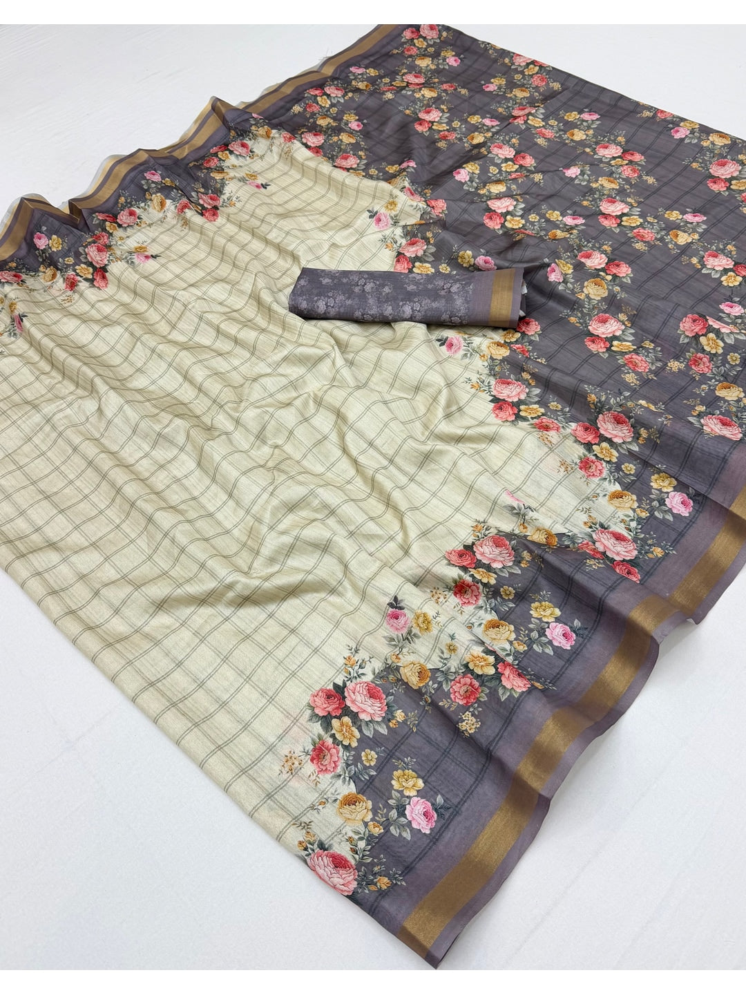 Peachmode Grey Floral Printed Cotton Silk Saree - Image 3