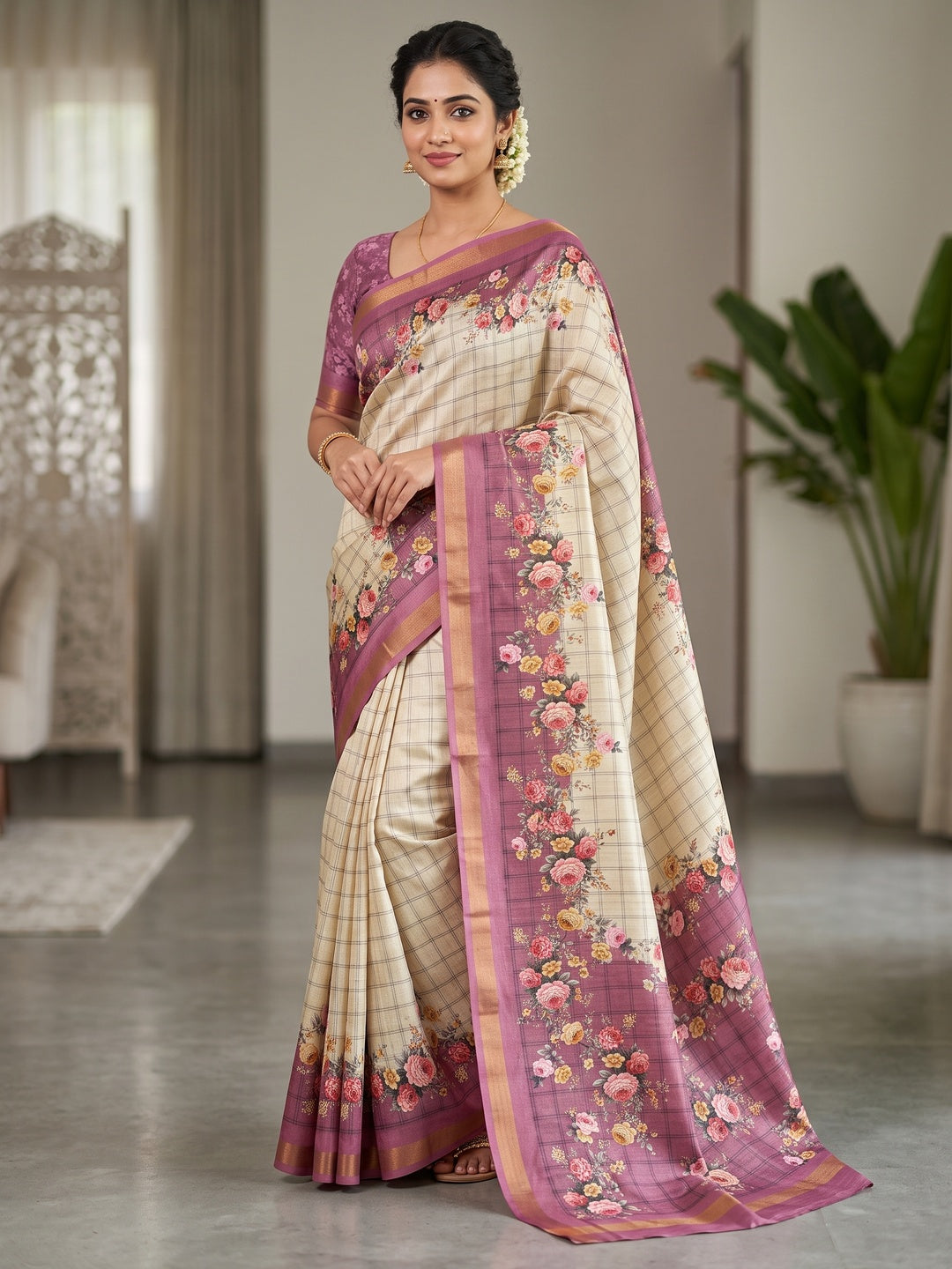 Peachmode Mauve Floral Printed Cotton Silk Saree - Image 1