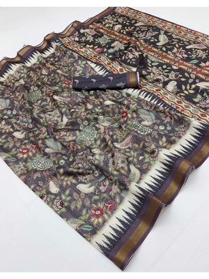 Peachmode Charcoal Botanical Printed Silk Blend Saree - Image 2