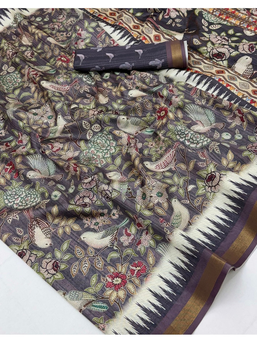 Peachmode Charcoal Botanical Printed Silk Blend Saree - Image 4