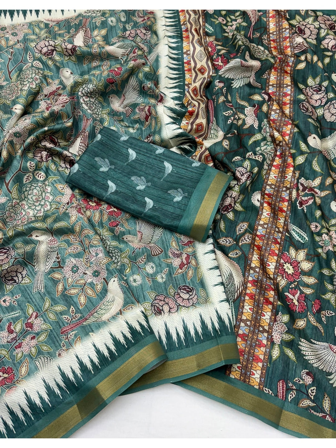 Peachmode Teal Botanical Printed Silk Blend Saree - Image 2