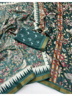Peachmode Teal Botanical Printed Silk Blend Saree - Image 2