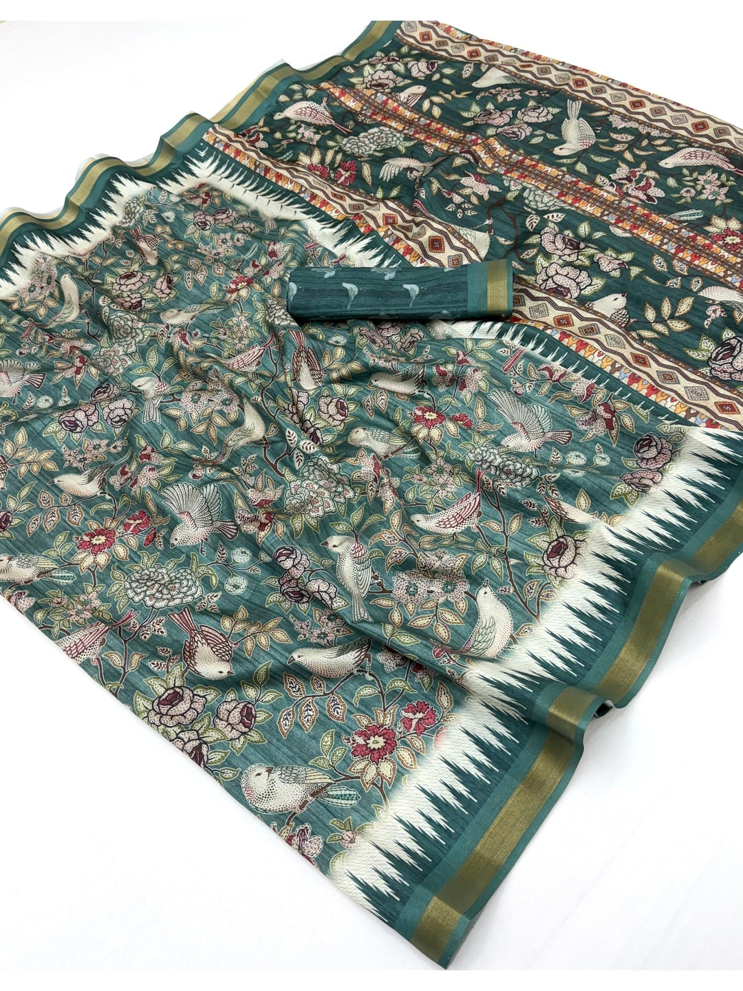 Peachmode Teal Botanical Printed Silk Blend Saree - Image 3