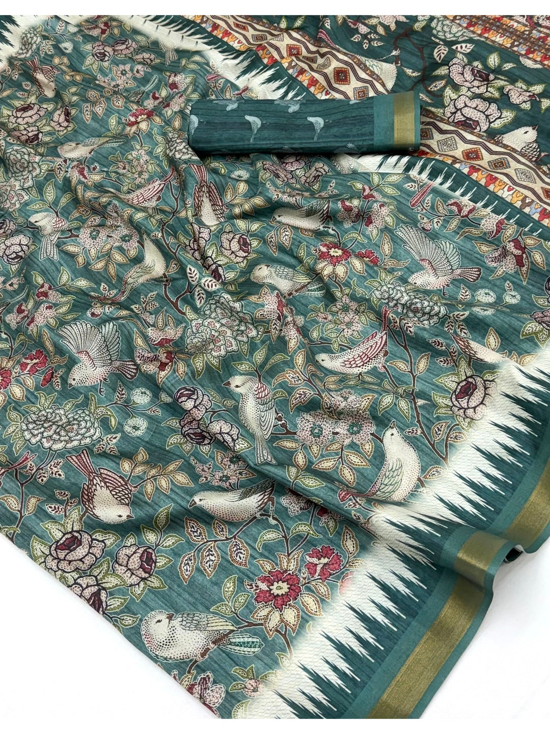 Peachmode Teal Botanical Printed Silk Blend Saree - Image 5