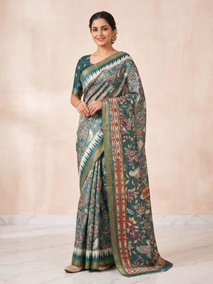 Peachmode Teal Botanical Printed Silk Blend Saree - Image 1