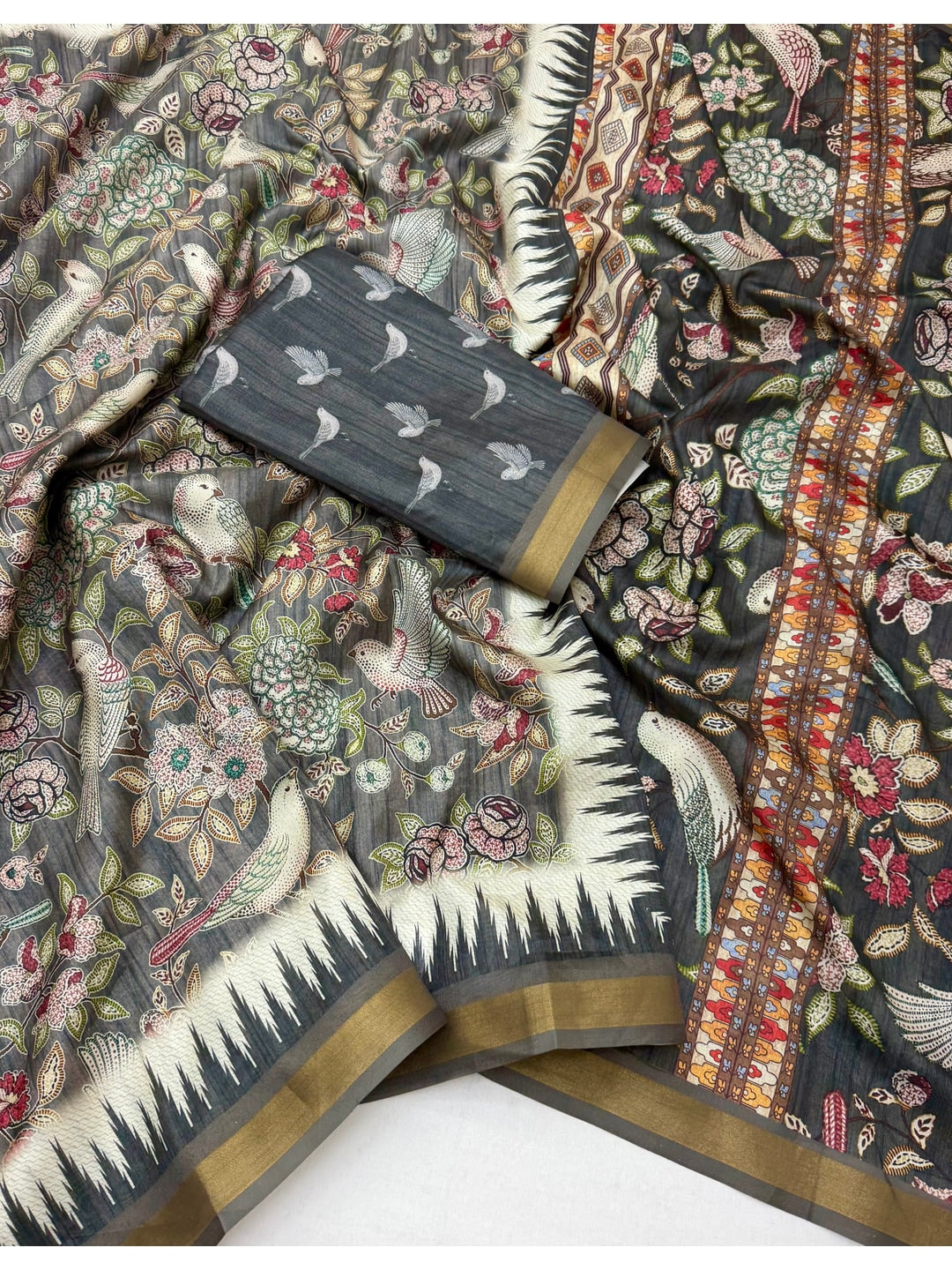 Peachmode Olive Botanical Printed Silk Blend Saree - Image 2