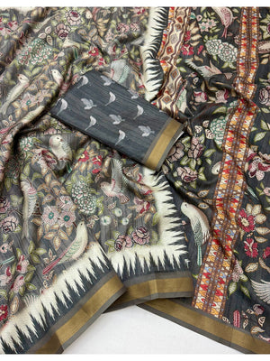 Peachmode Olive Botanical Printed Silk Blend Saree - Image 2
