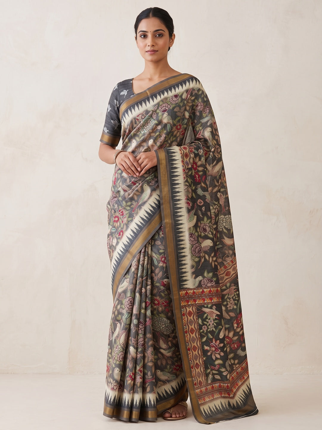 Peachmode Olive Botanical Printed Silk Blend Saree - Image 1