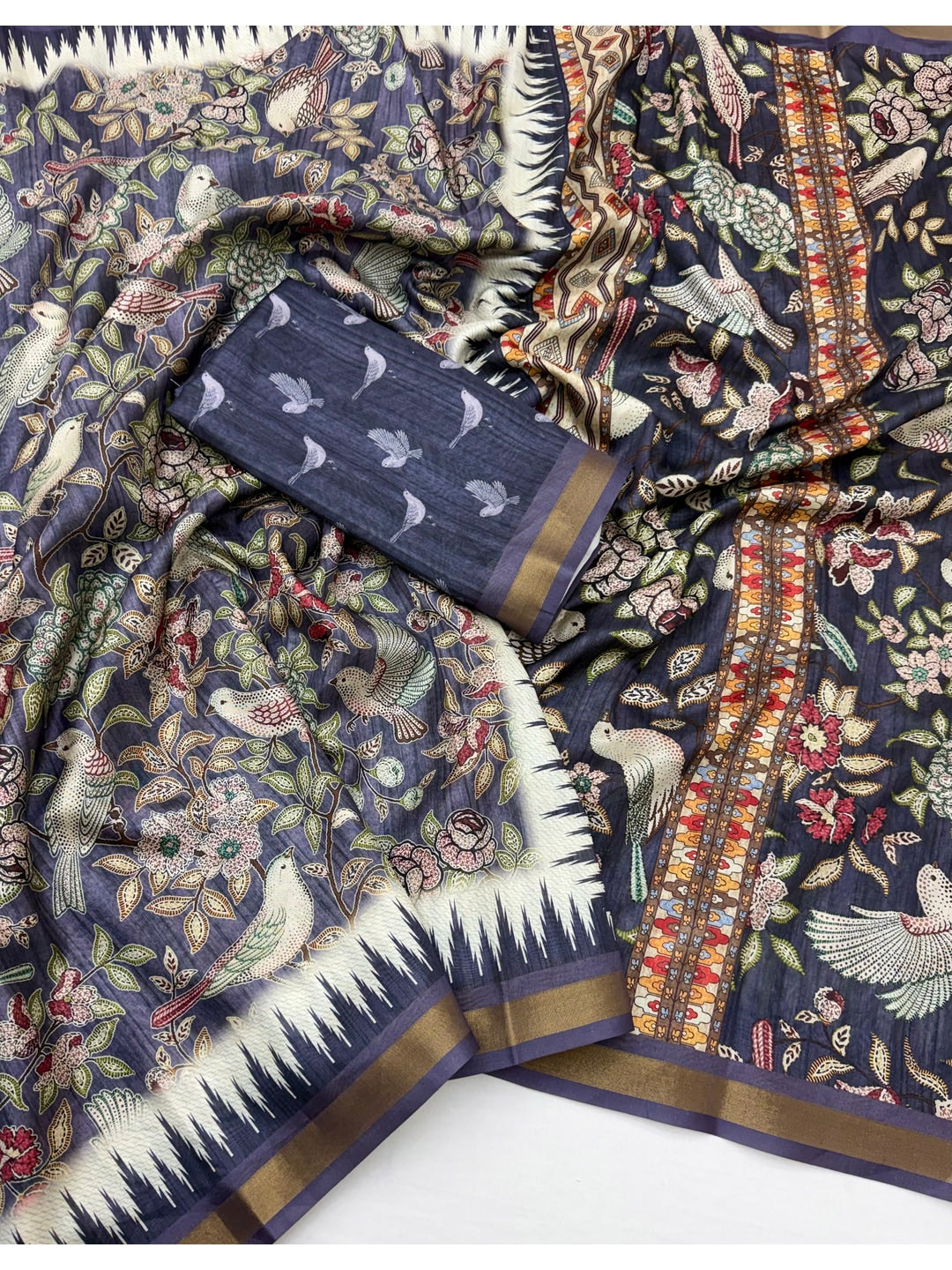 Peachmode Navy Blue Botanical Printed Silk Blend Saree - Image 2