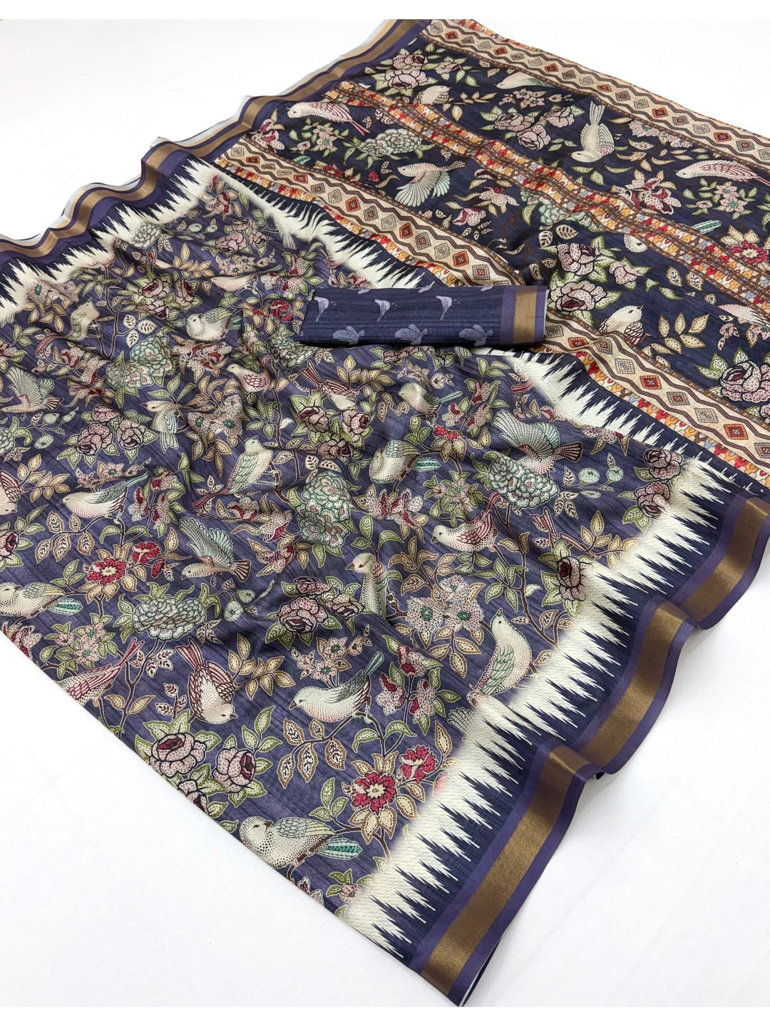 Peachmode Navy Blue Botanical Printed Silk Blend Saree - Image 3