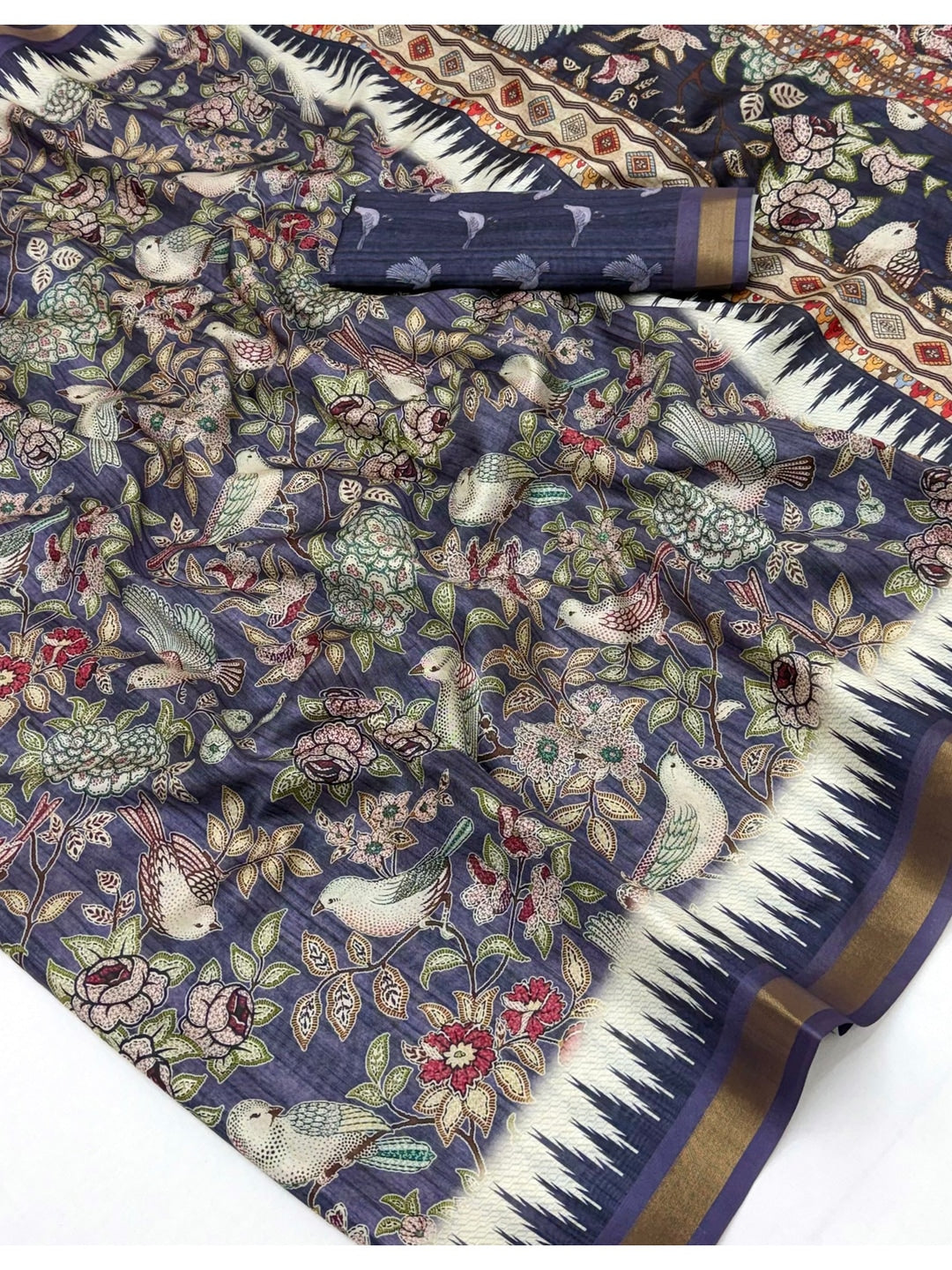 Peachmode Navy Blue Botanical Printed Silk Blend Saree - Image 5