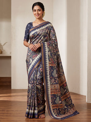 Peachmode Navy Blue Botanical Printed Silk Blend Saree - Image 1