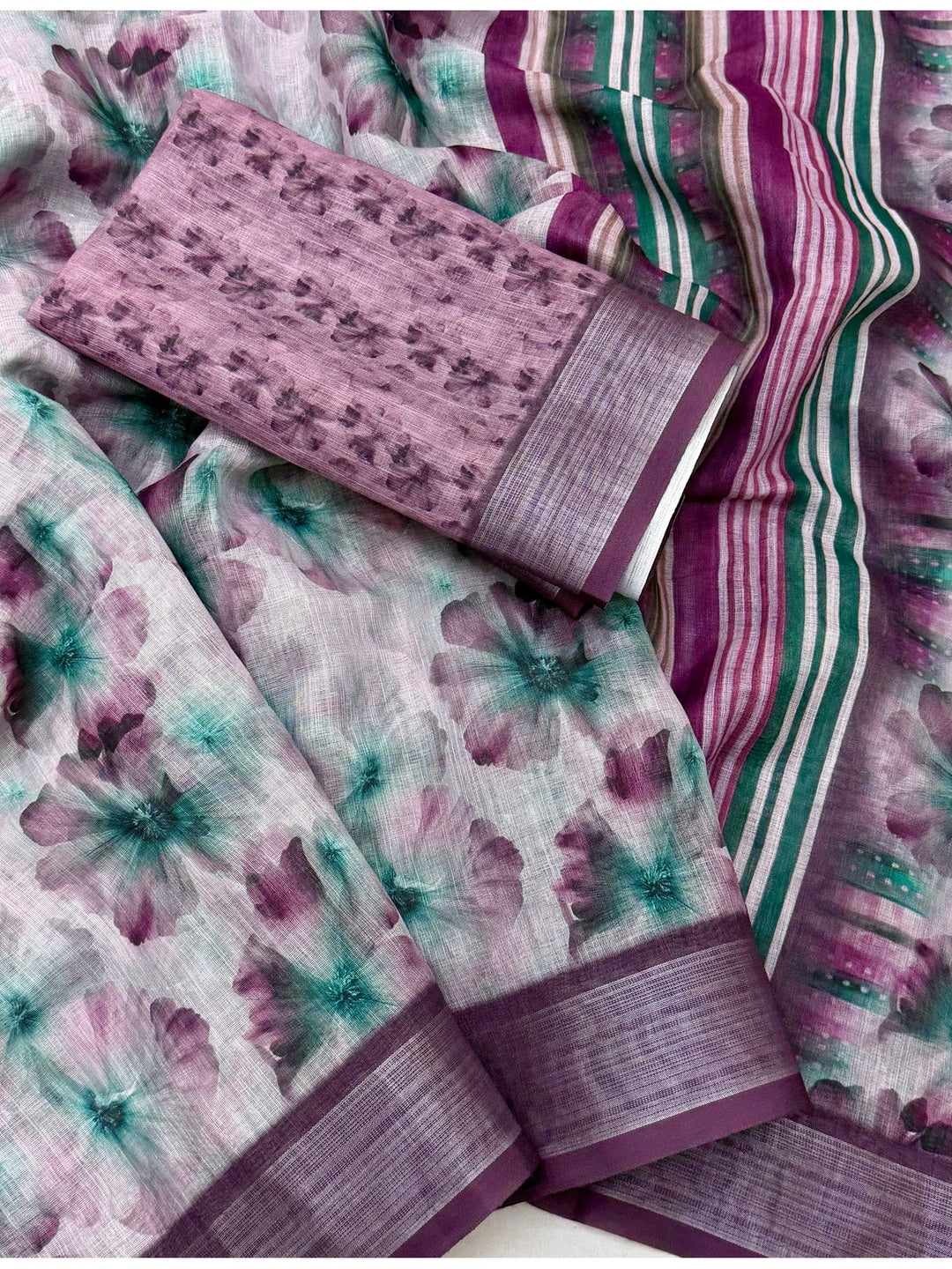 Peachmode Lavender Floral Printed Linen Saree - Image 4