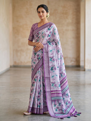 Peachmode Lavender Floral Printed Linen Saree - Image 1