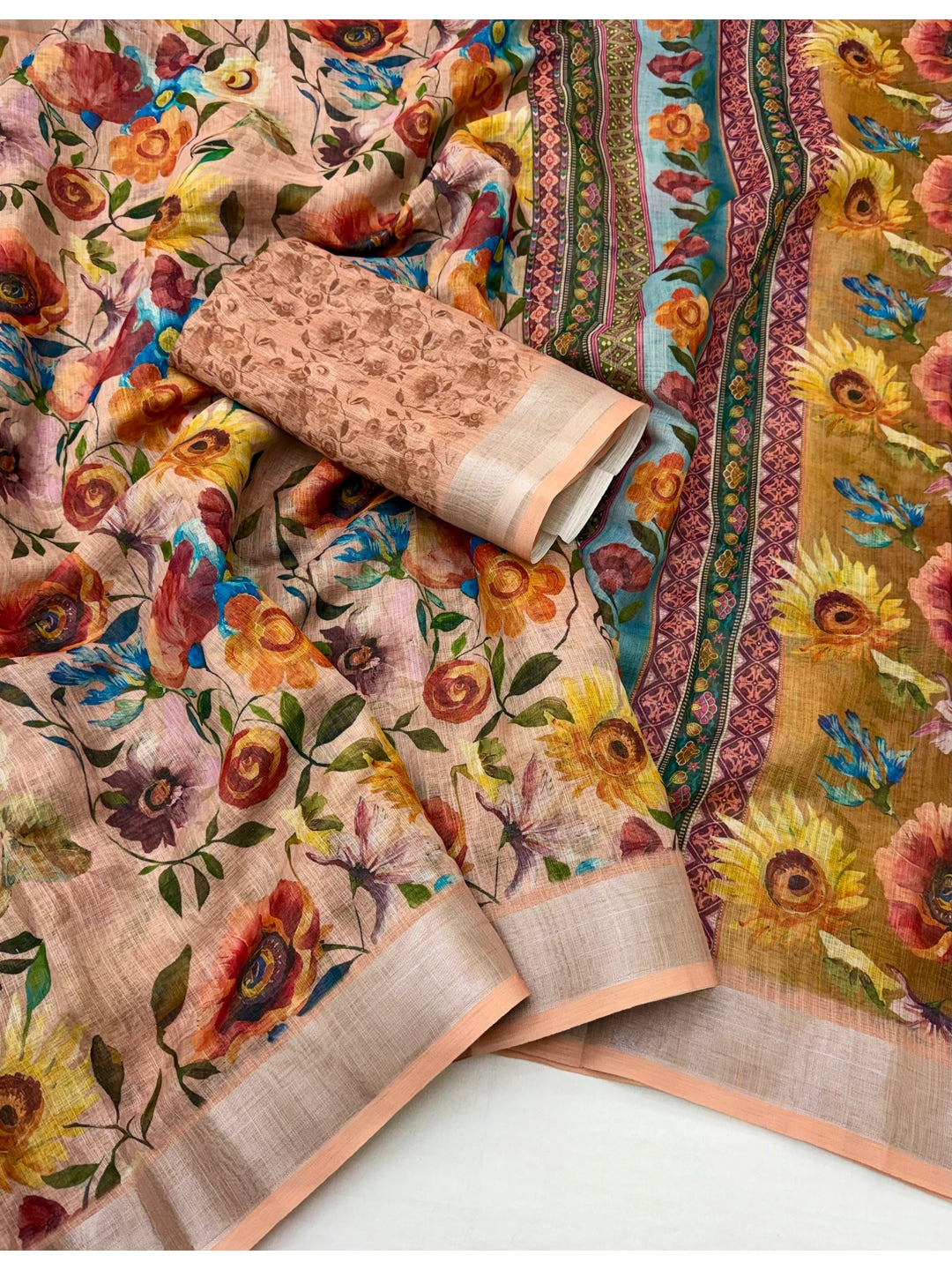 Peachmode Peach Floral Printed Linen Saree - Image 2
