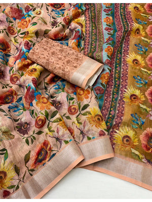 Peachmode Peach Floral Printed Linen Saree - Image 2