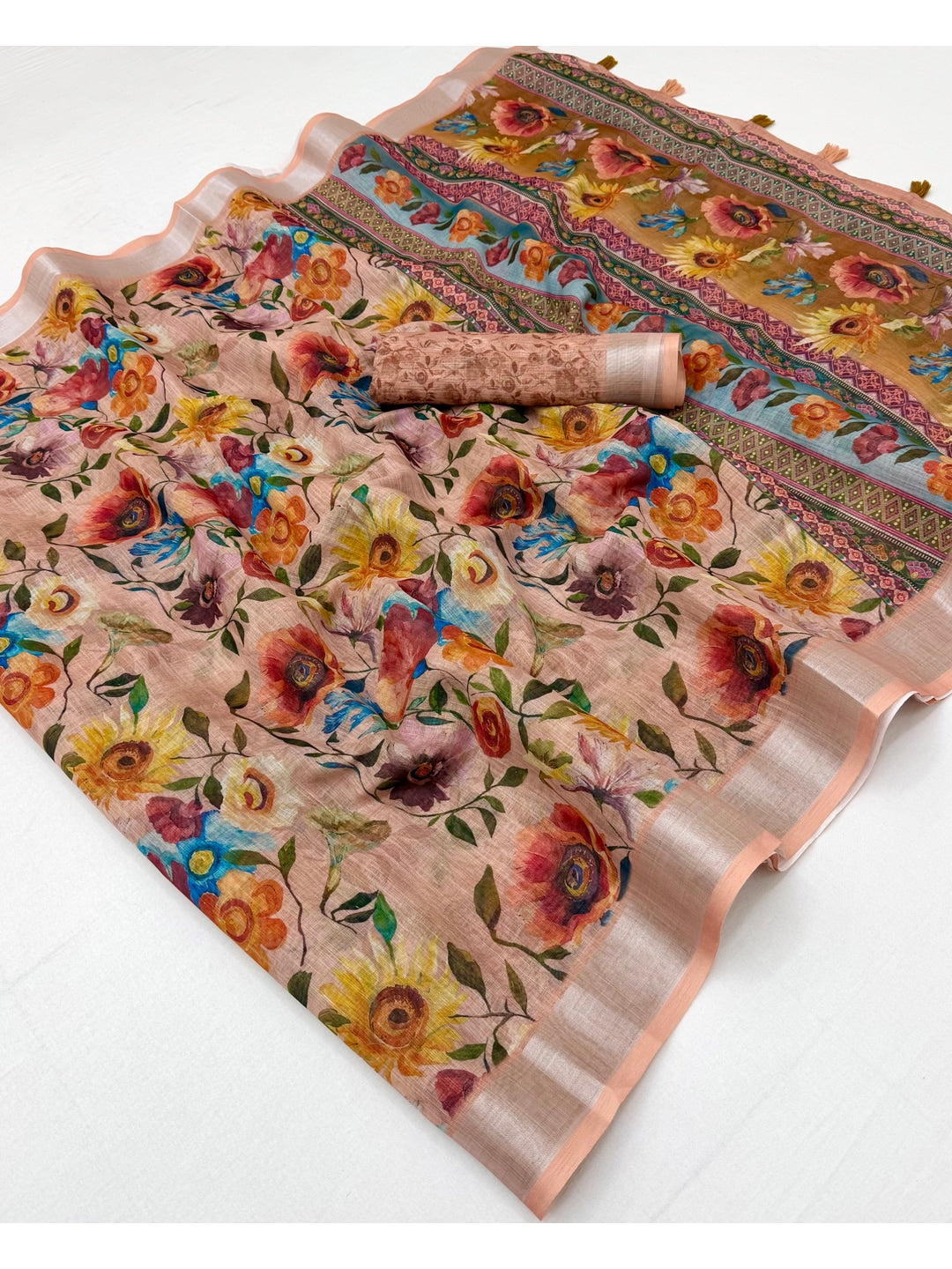 Peachmode Peach Floral Printed Linen Saree - Image 3