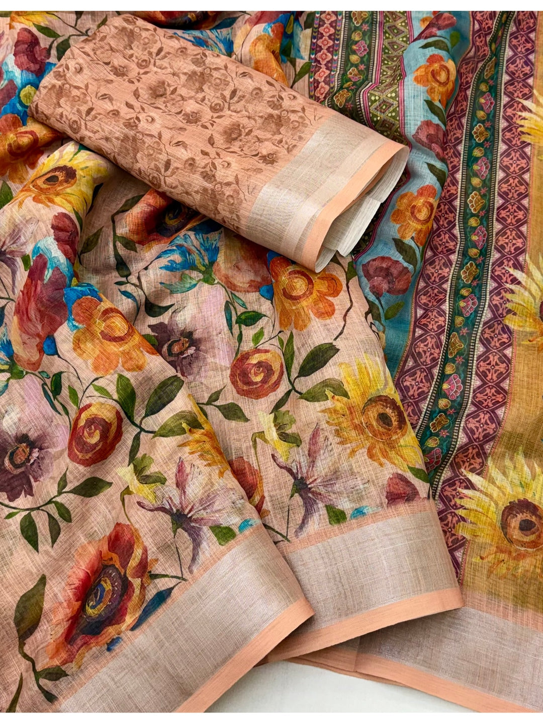 Peachmode Peach Floral Printed Linen Saree - Image 4