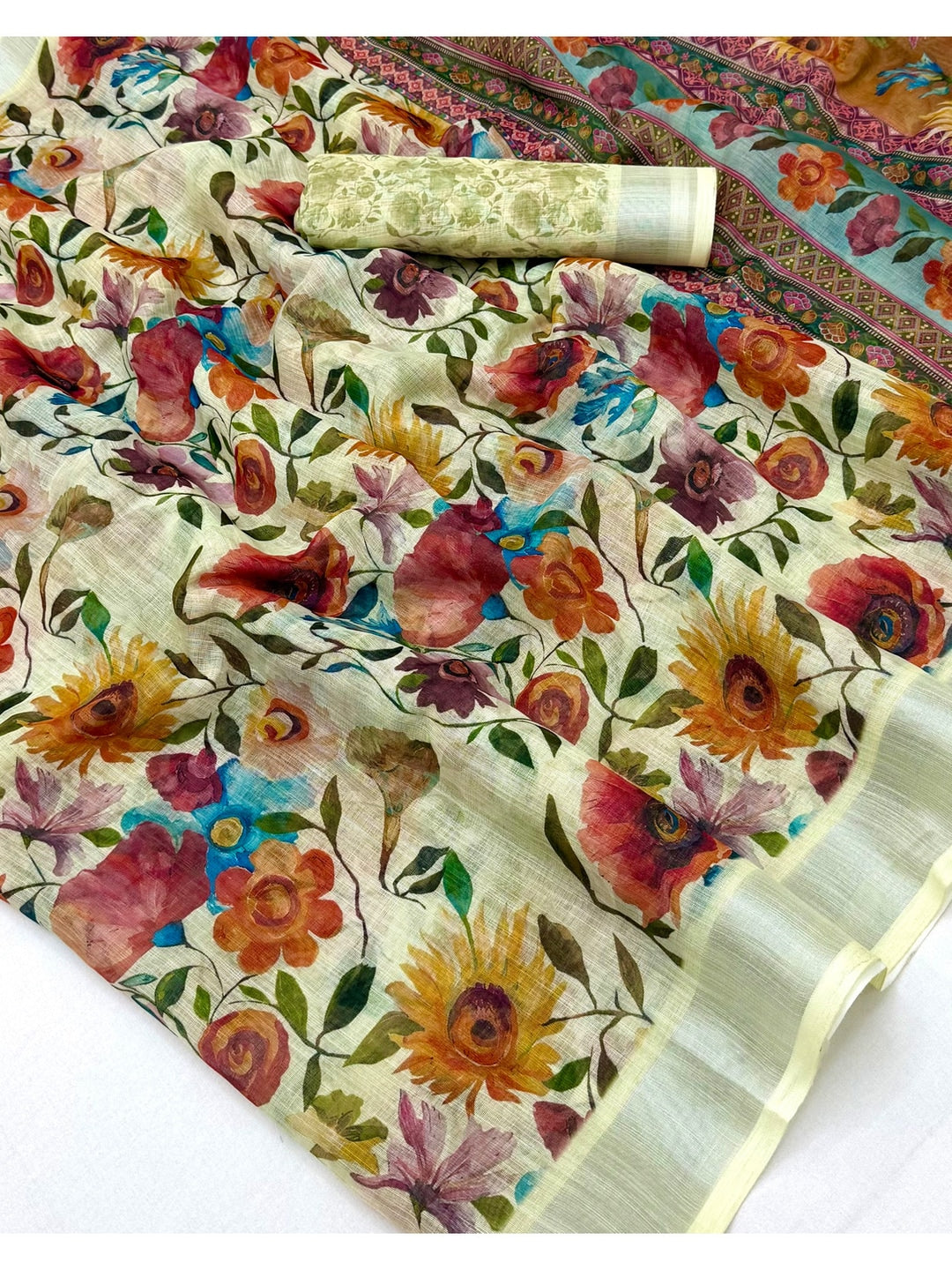 Peachmode Cream Floral Printed Linen Saree - Image 5