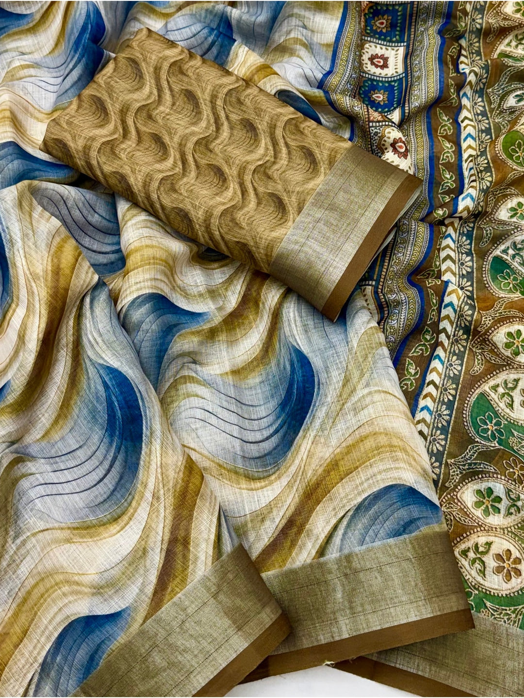Peachmode Blue Gold Abstract Printed Linen Saree - Image 4
