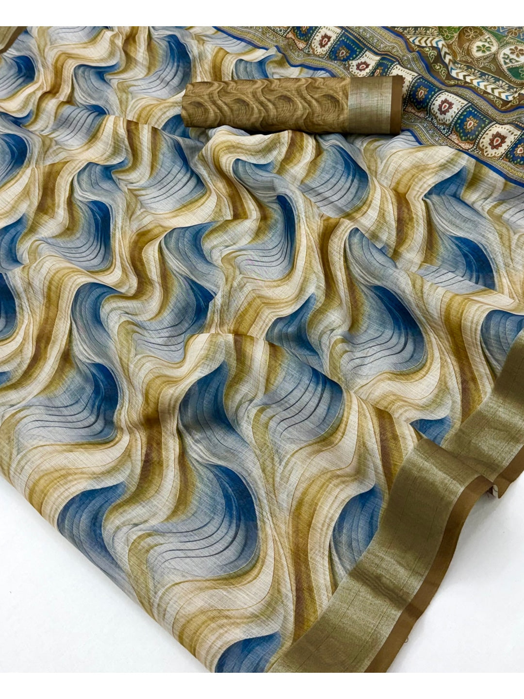Peachmode Blue Gold Abstract Printed Linen Saree - Image 5