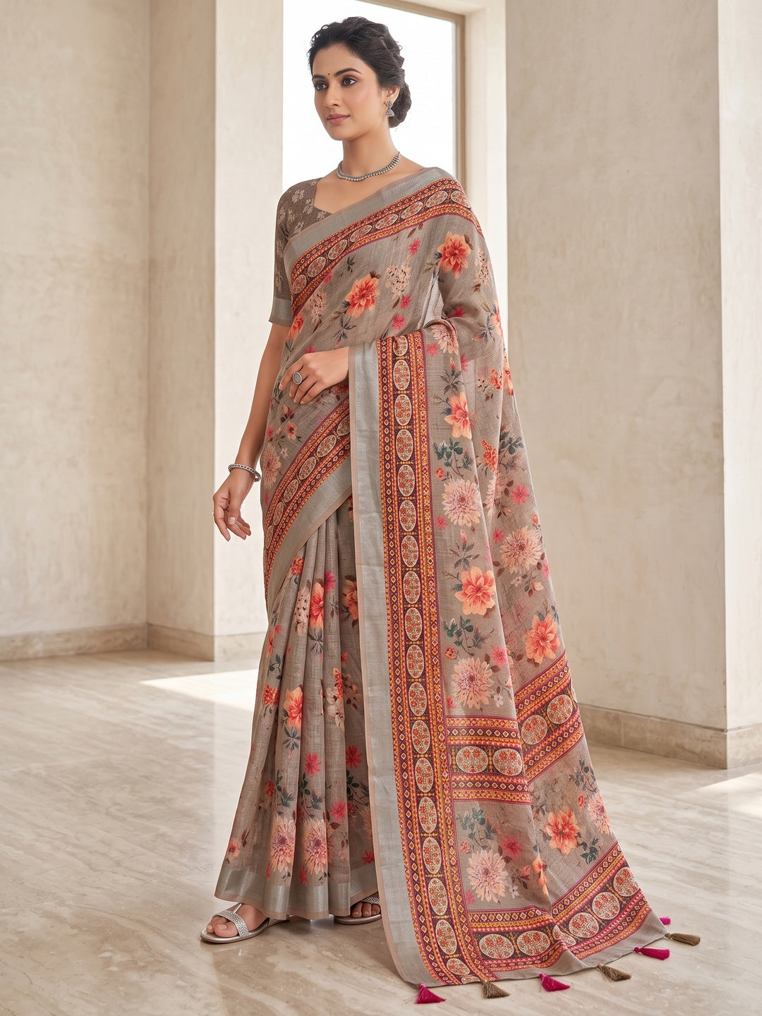 Peachmode Grey Floral Printed Linen Saree - Image 1