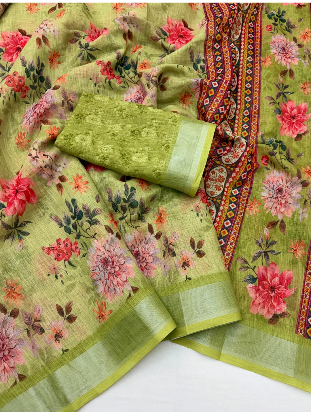 Peachmode Lime Green Floral Printed Linen Saree - Image 2
