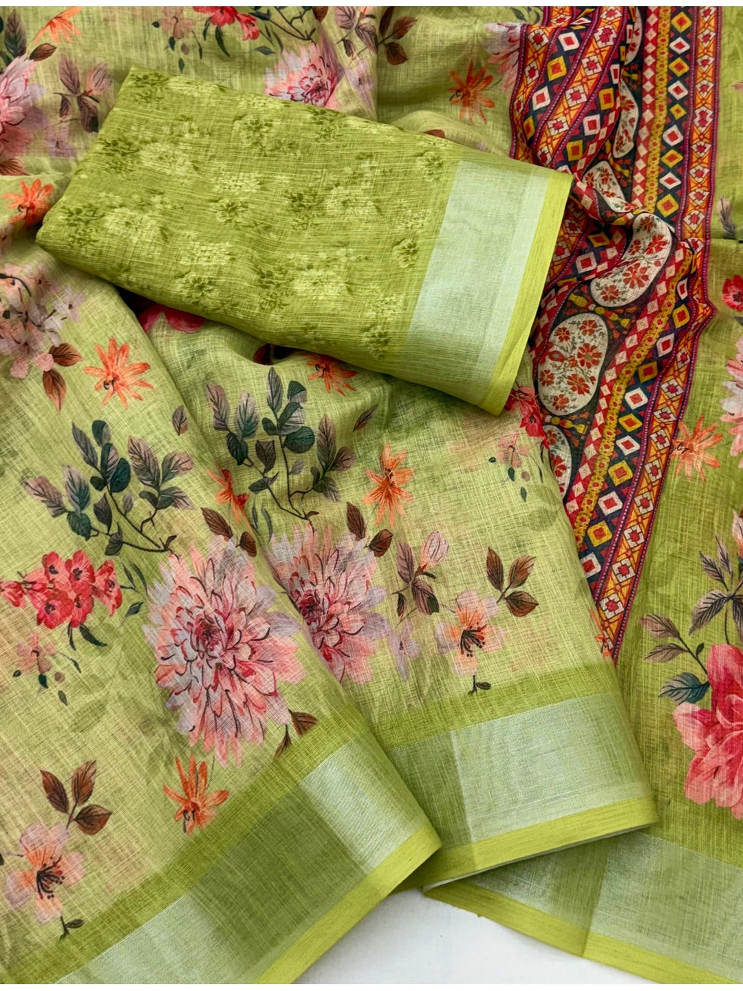 Peachmode Lime Green Floral Printed Linen Saree - Image 4