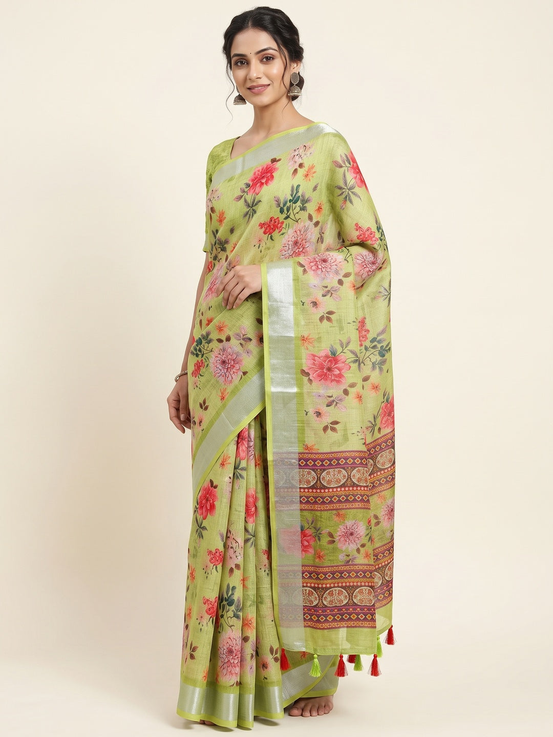 Peachmode Lime Green Floral Printed Linen Saree - Image 1