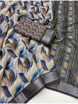Peachmode Blue Grey Abstract Printed Linen Saree - Image 2