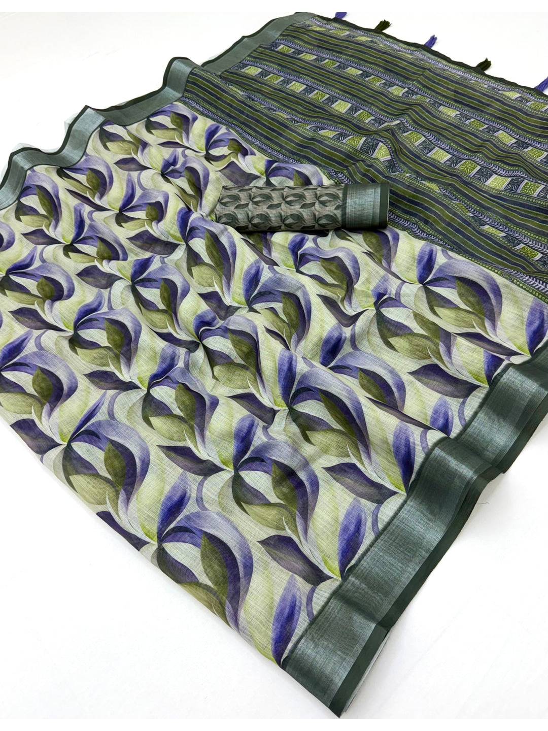 Peachmode Green Purple Abstract Printed Linen Saree - Image 3