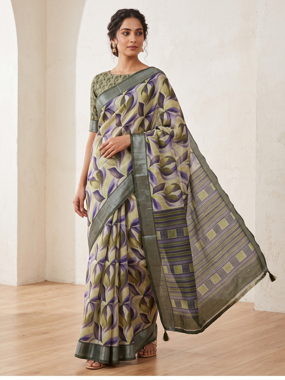 Peachmode Green Purple Abstract Printed Linen Saree - Image 1