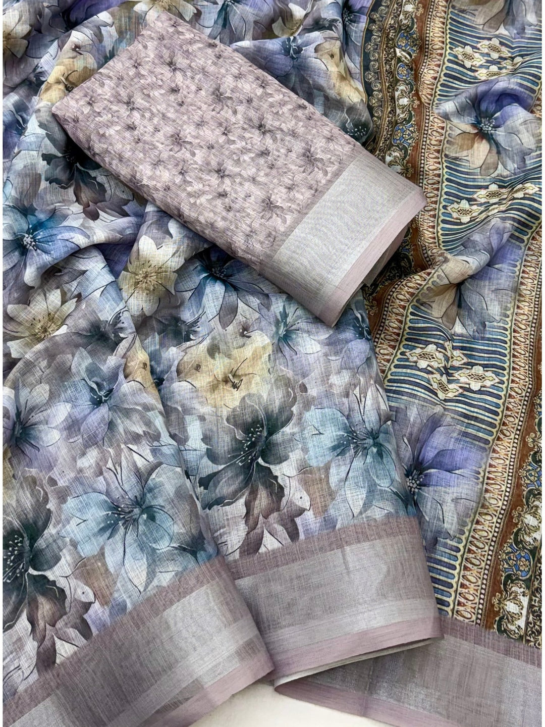 Peachmode Light Blue Floral Printed Linen Saree - Image 4