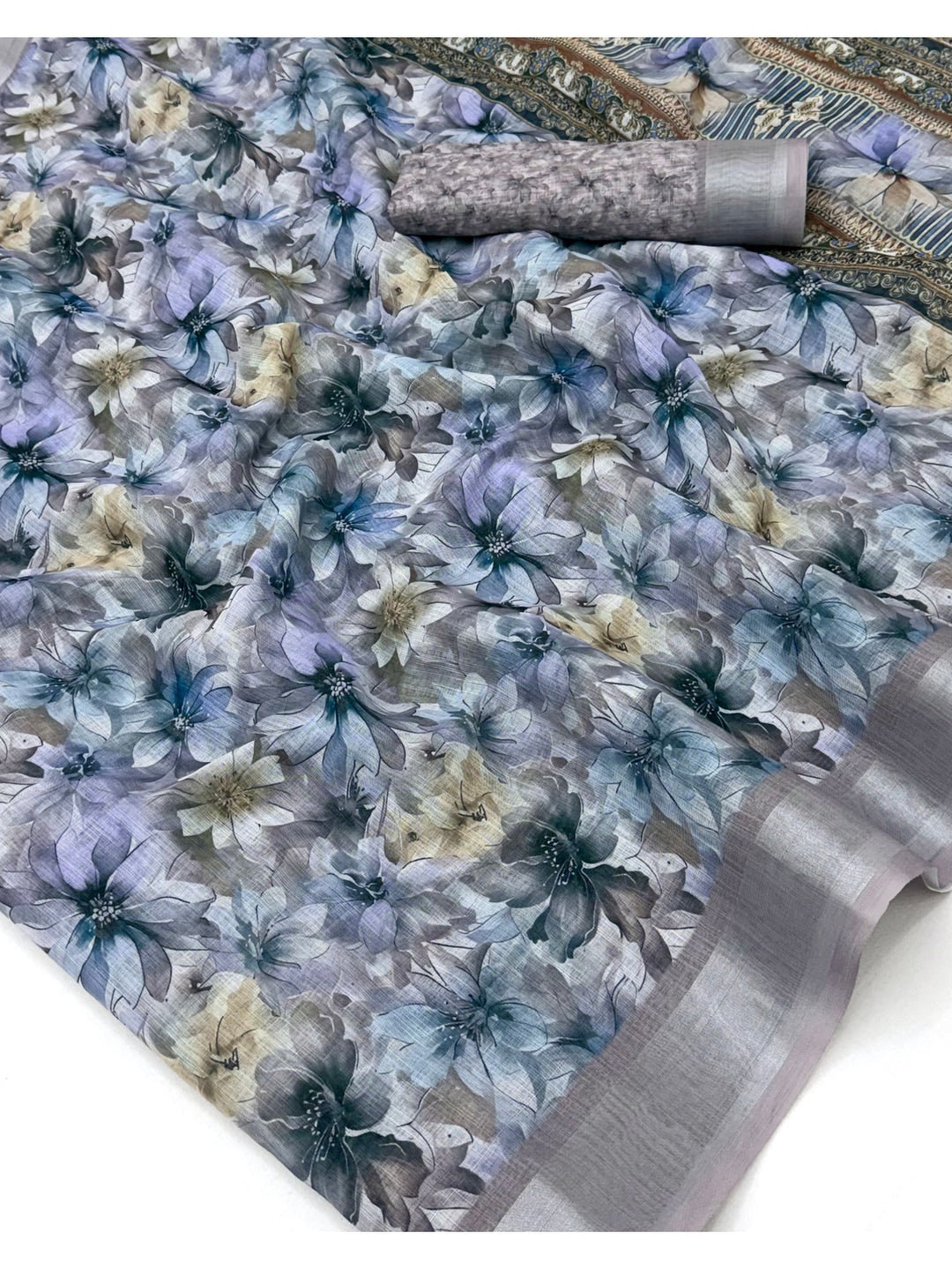 Peachmode Light Blue Floral Printed Linen Saree - Image 5