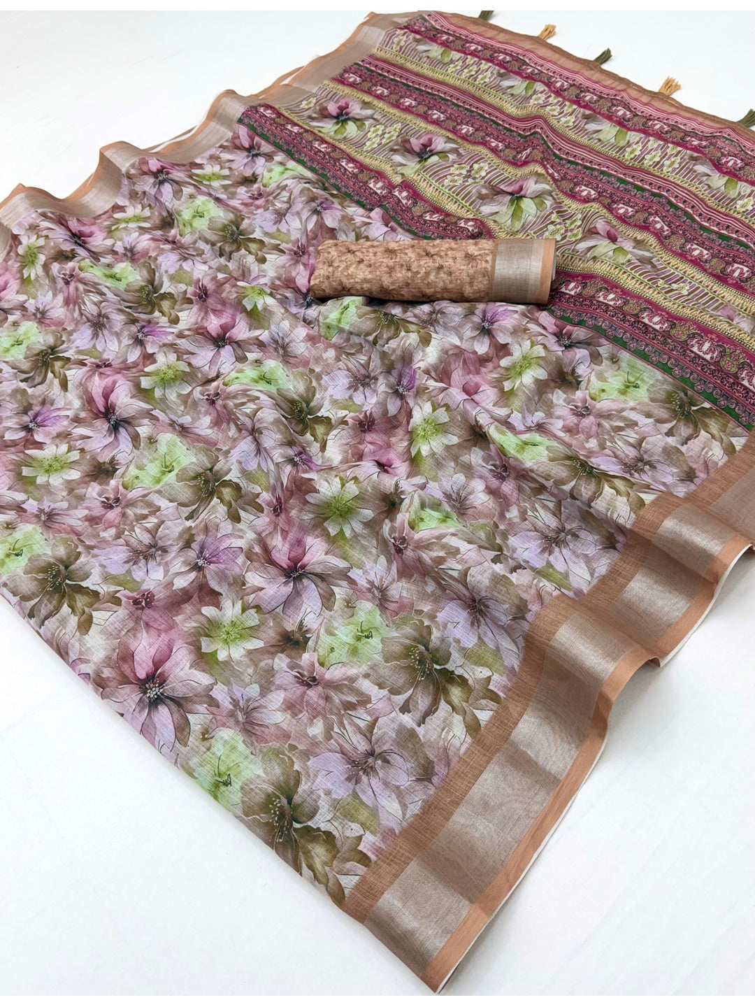 Peachmode Lavender Floral Printed Linen Saree - Image 3