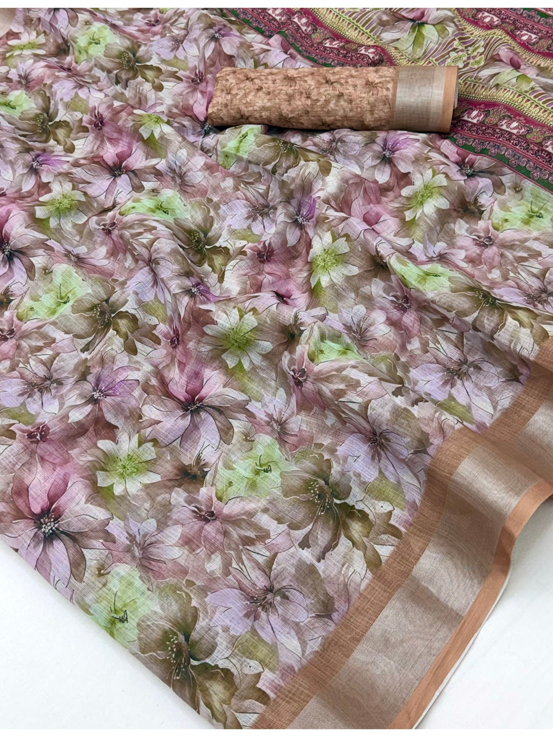 Peachmode Lavender Floral Printed Linen Saree - Image 5