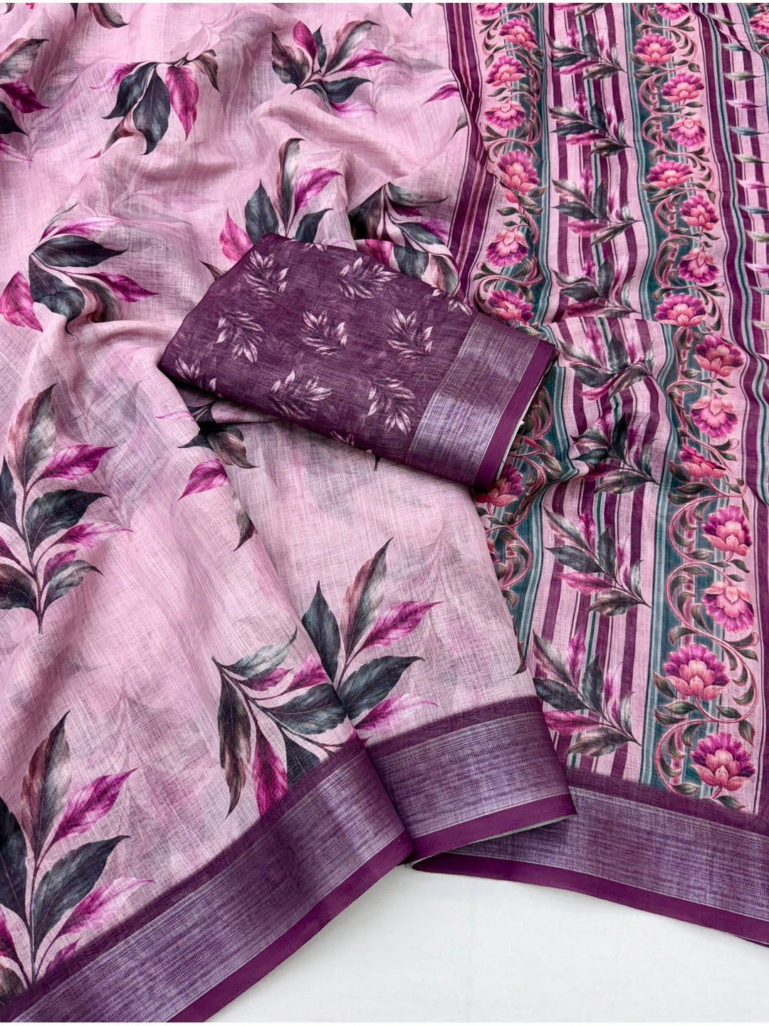 Peachmode Pink Purple Abstract Printed Linen Saree - Image 2