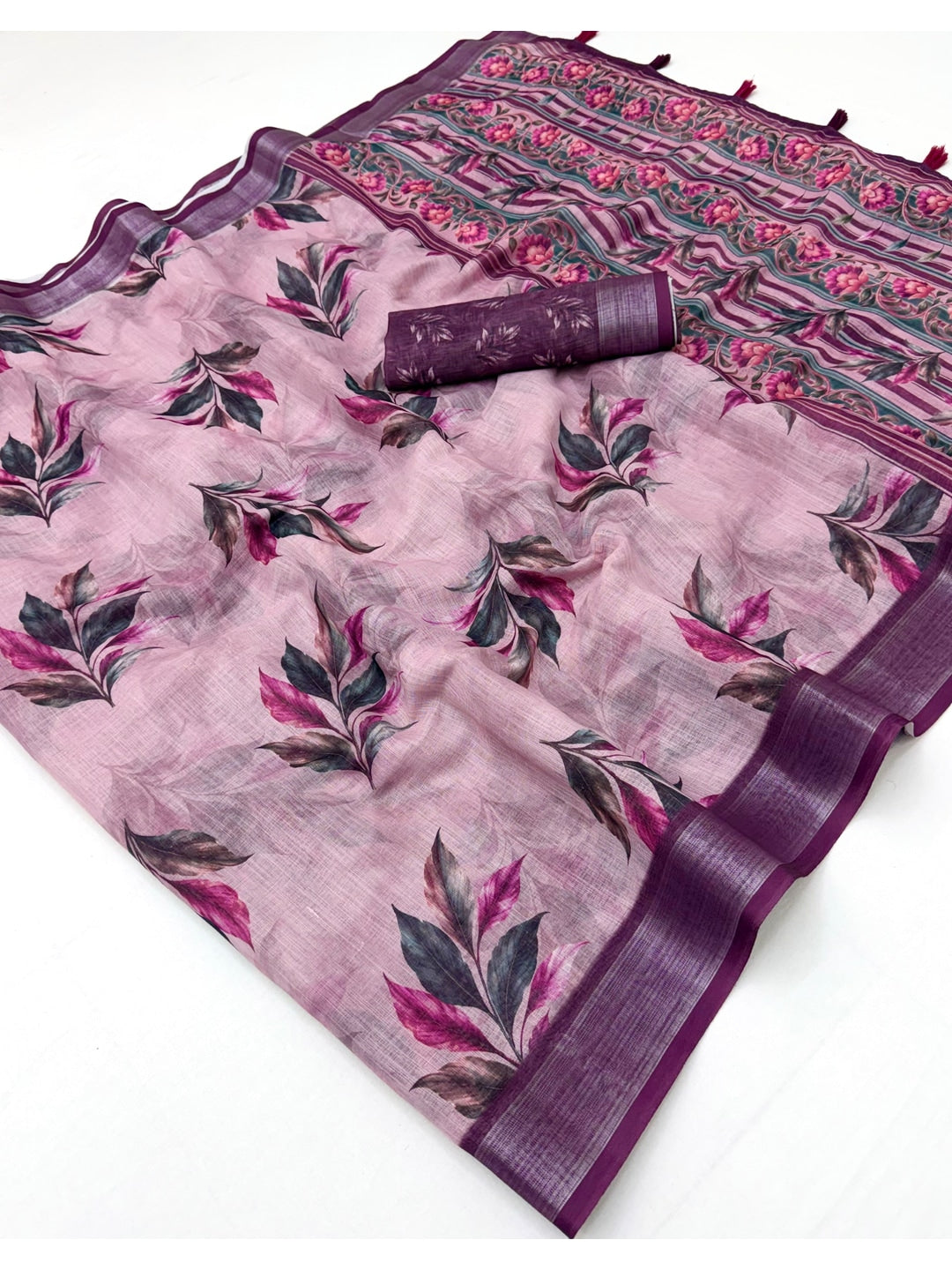 Peachmode Pink Purple Abstract Printed Linen Saree - Image 3