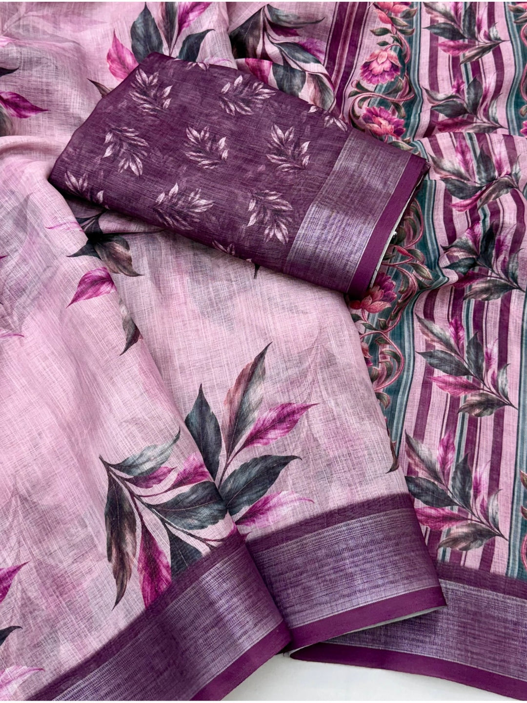 Peachmode Pink Purple Abstract Printed Linen Saree - Image 4